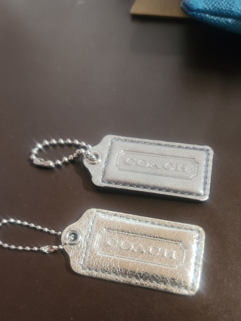 Coach Get 2 Metallic Silver Leather Hang Tag Pair Euc